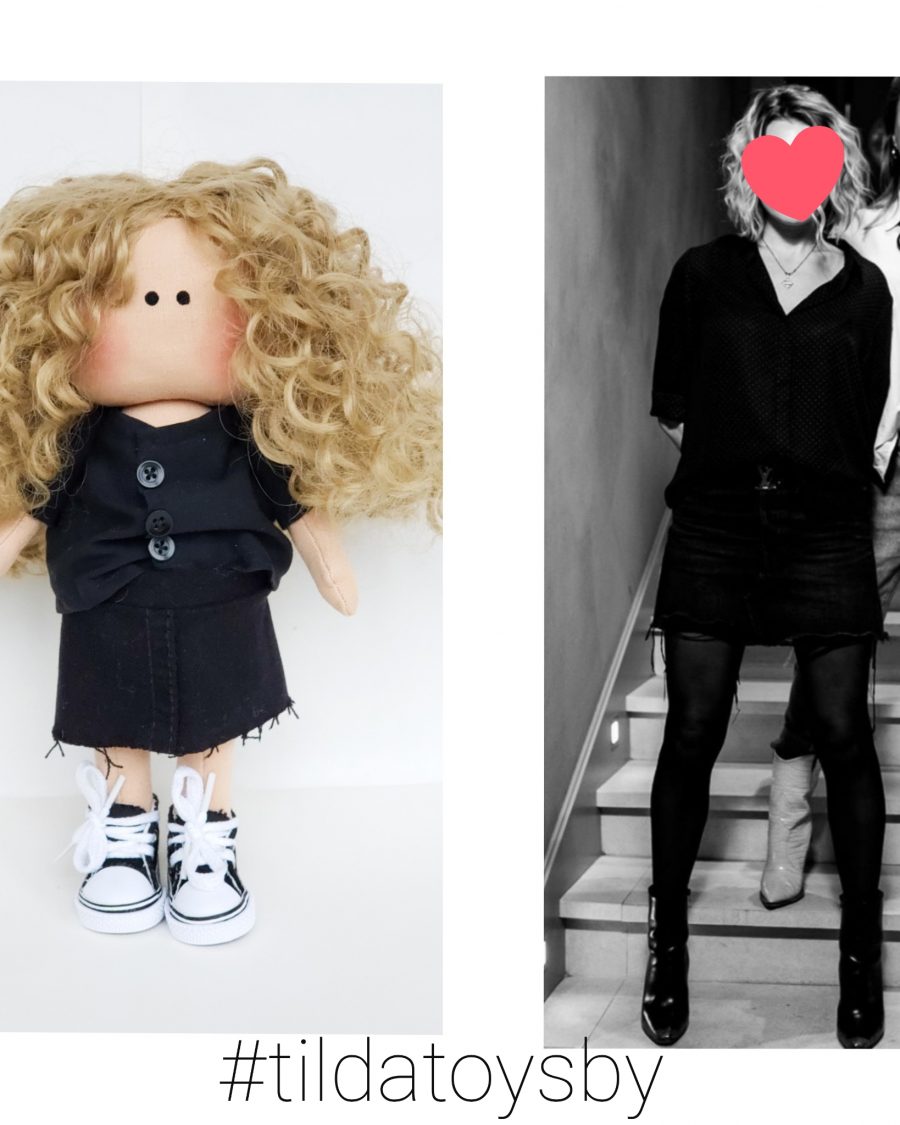 Интерьерная куколка тильда по фото в черной джинсовой юбке