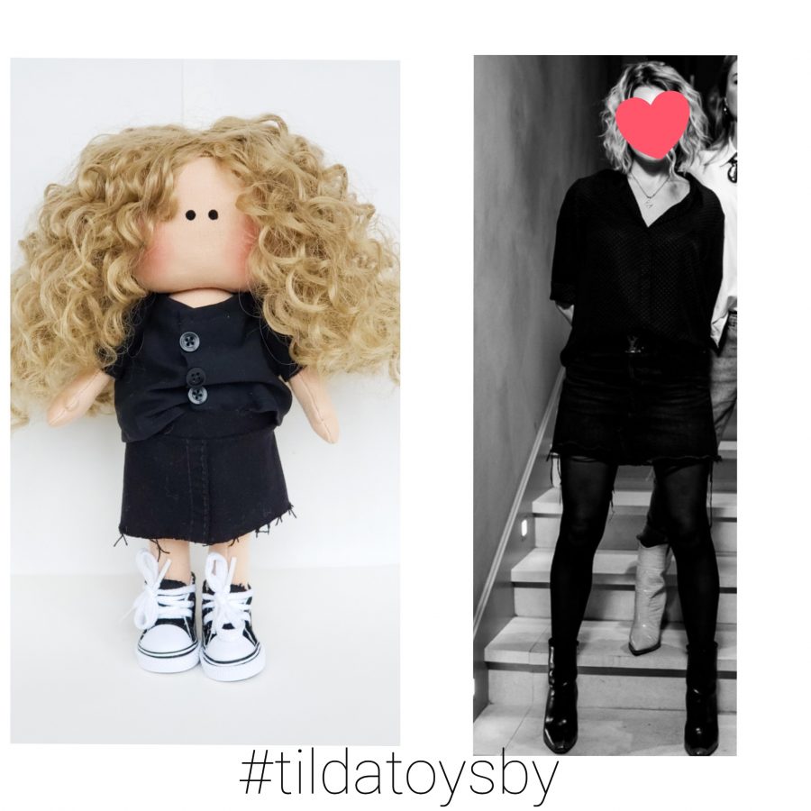 Интерьерная куколка тильда по фото в черной джинсовой юбке