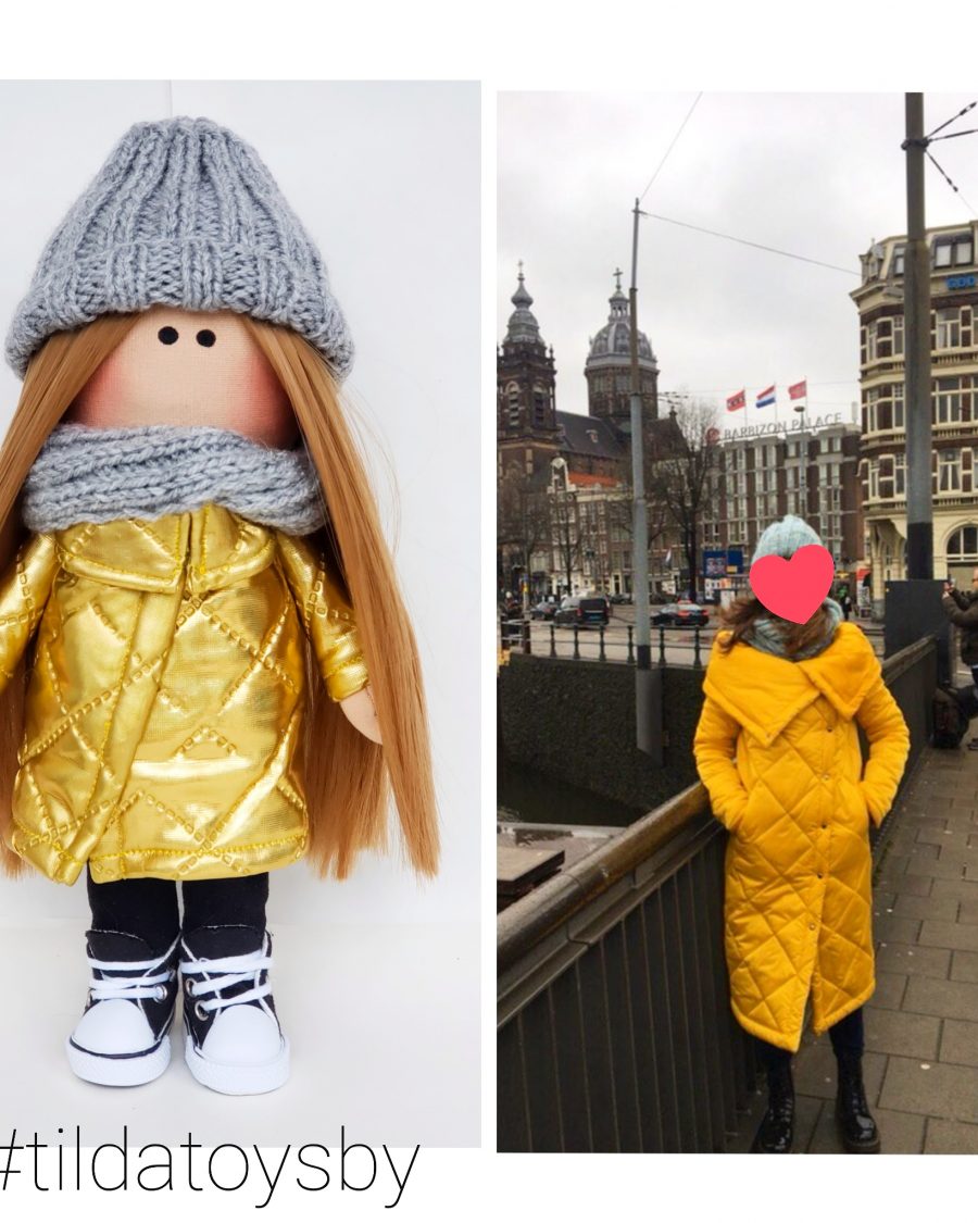 Интерьерная куколка по фото в желтом пальто